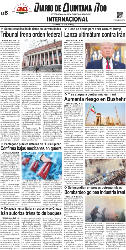 Portada de Diario de Quintana Roo (contra Portada) del domingo, 5 de abril de 2026