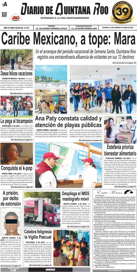 Portada de Diario de Quintana Roo (portada) del domingo, 5 de abril de 2026