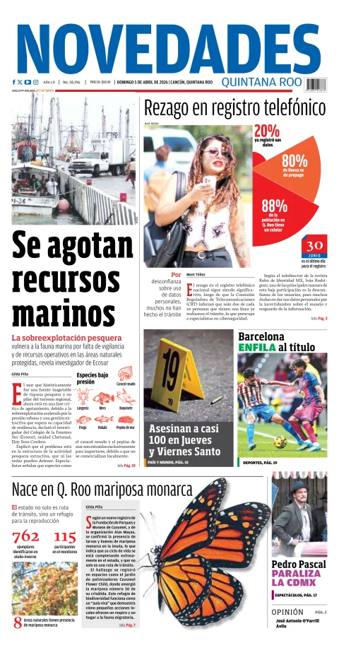 Portada de Novedades Quintana Roo del domingo, 5 de abril de 2026