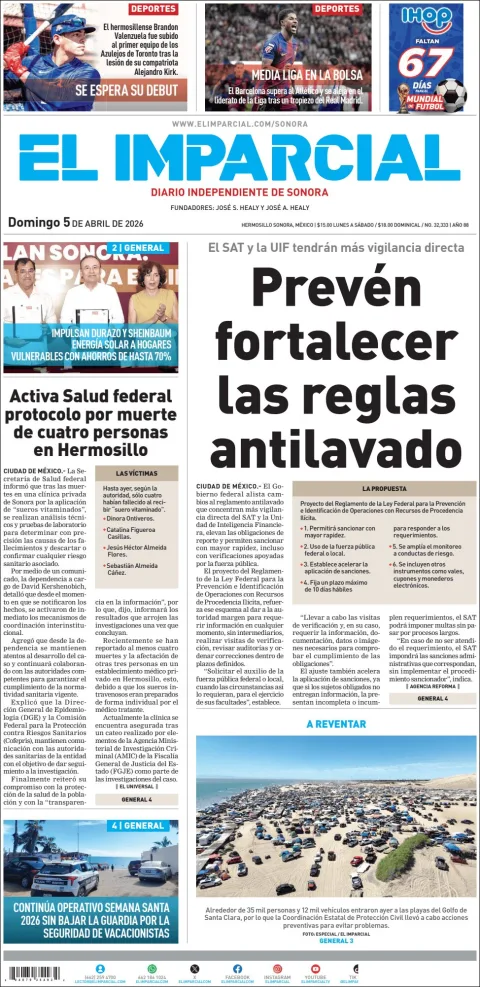 Portada de El Imparcial del domingo, 5 de abril de 2026