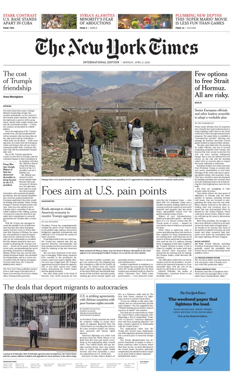 Portada de The New York Times (international) del lunes, 6 de abril de 2026