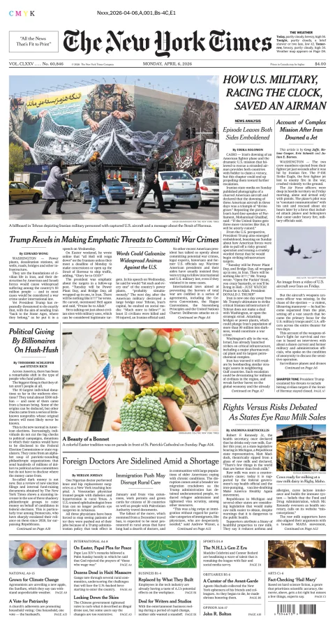 Portada de The New York Times (new York) del lunes, 6 de abril de 2026