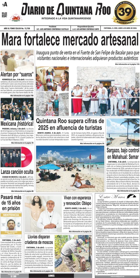Portada de Diario de Quintana Roo (portada) del lunes, 6 de abril de 2026