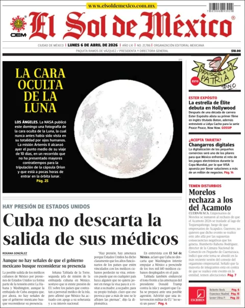 Portada de El Sol de Mexico del lunes, 6 de abril de 2026