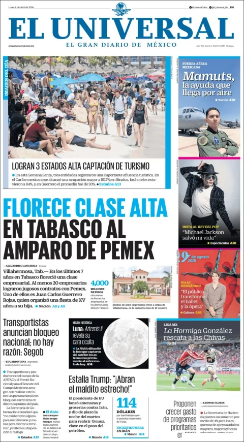 Portada de El Universal del lunes, 6 de abril de 2026