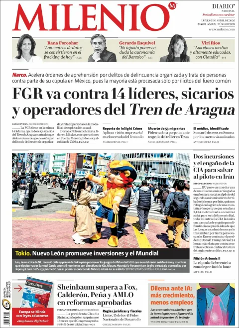 Portada de Milenio del lunes, 6 de abril de 2026