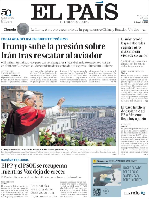 Portada de El Pais del lunes, 6 de abril de 2026