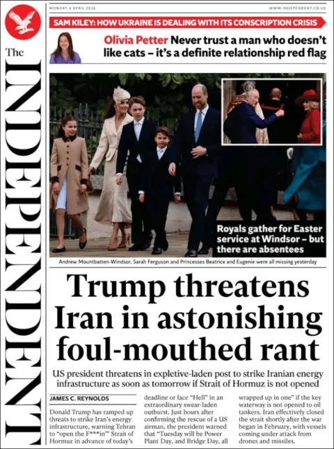 Portada de The Independent del lunes, 6 de abril de 2026