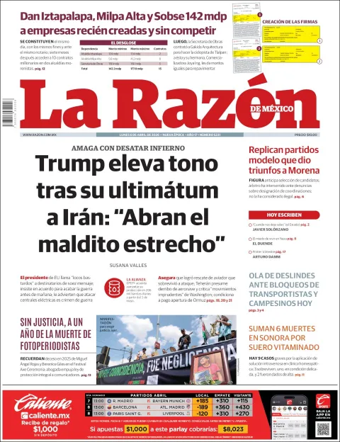 Portada de La Razon del lunes, 6 de abril de 2026