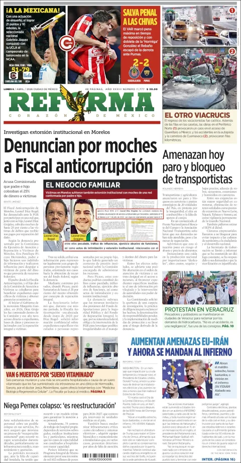 Portada de Reforma del lunes, 6 de abril de 2026