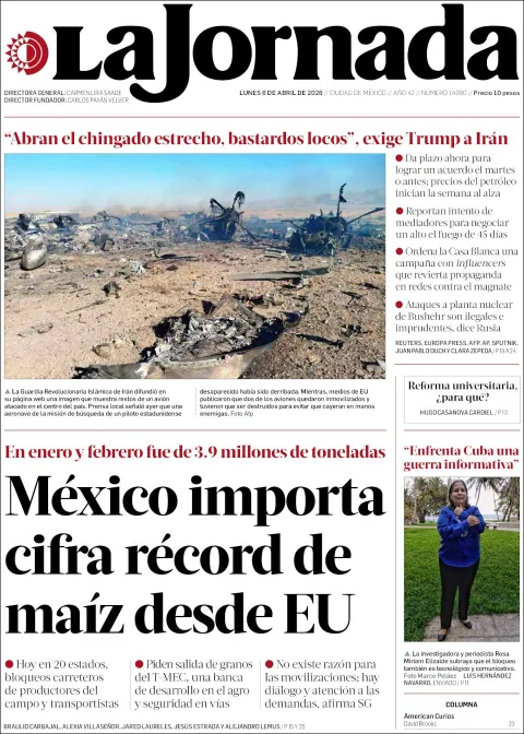 Portada de La Jornada del lunes, 6 de abril de 2026