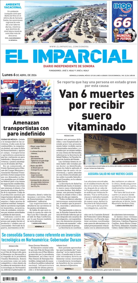 Portada de El Imparcial del lunes, 6 de abril de 2026