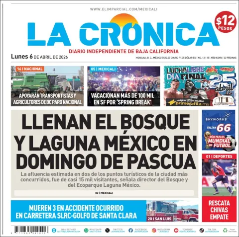 Portada de La Cronica del lunes, 6 de abril de 2026