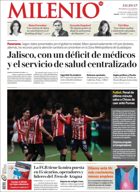 Portada de Milenio Jalisco del lunes, 6 de abril de 2026