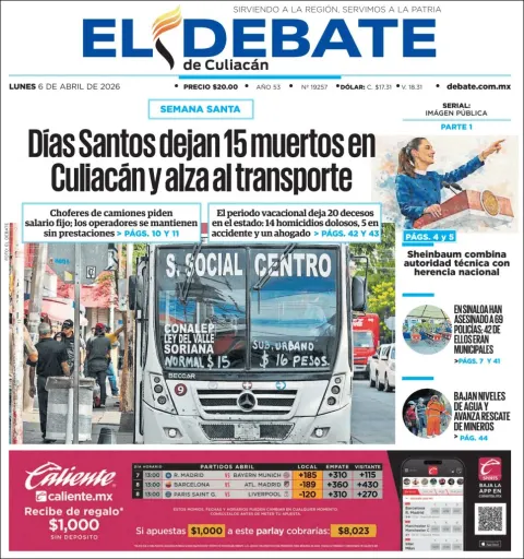 Portada de El Debate de Culiacan del lunes, 6 de abril de 2026