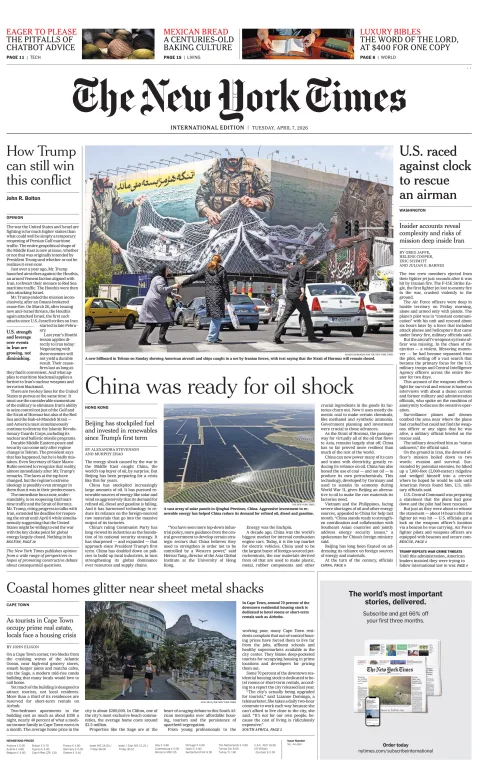 Portada de The New York Times (international) del martes, 7 de abril de 2026