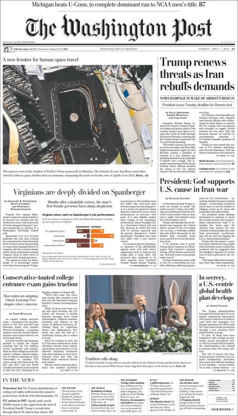 Portada de The Washington Post del martes, 7 de abril de 2026