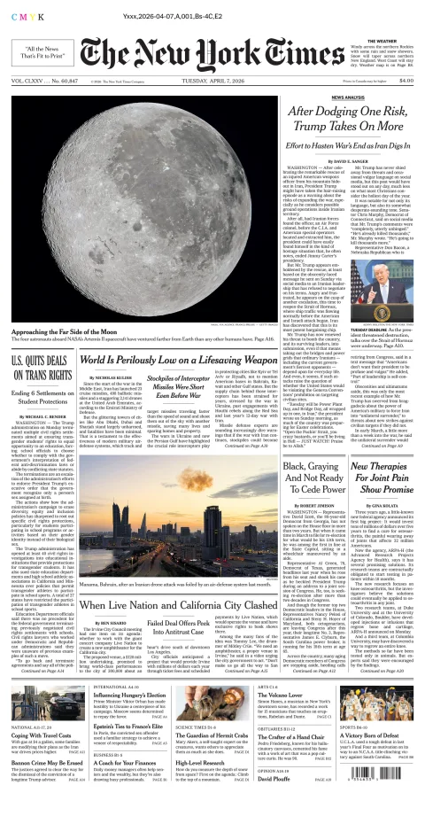 Portada de The New York Times (national) del martes, 7 de abril de 2026