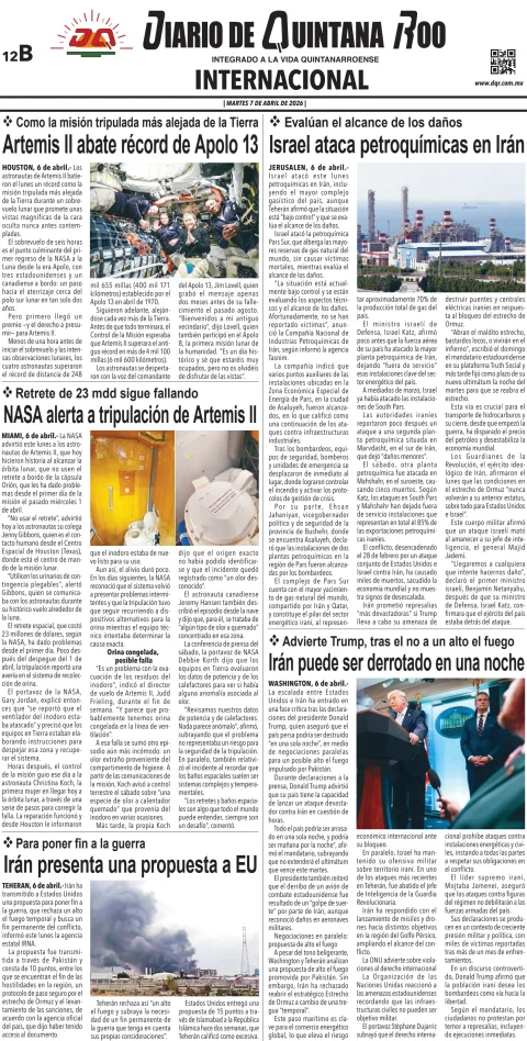 Portada de Diario de Quintana Roo (contra Portada) del martes, 7 de abril de 2026