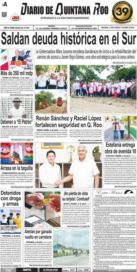 Portada de Diario de Quintana Roo (portada) del martes, 7 de abril de 2026