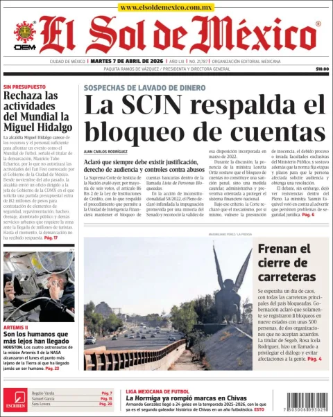 Portada de El Sol de Mexico del martes, 7 de abril de 2026