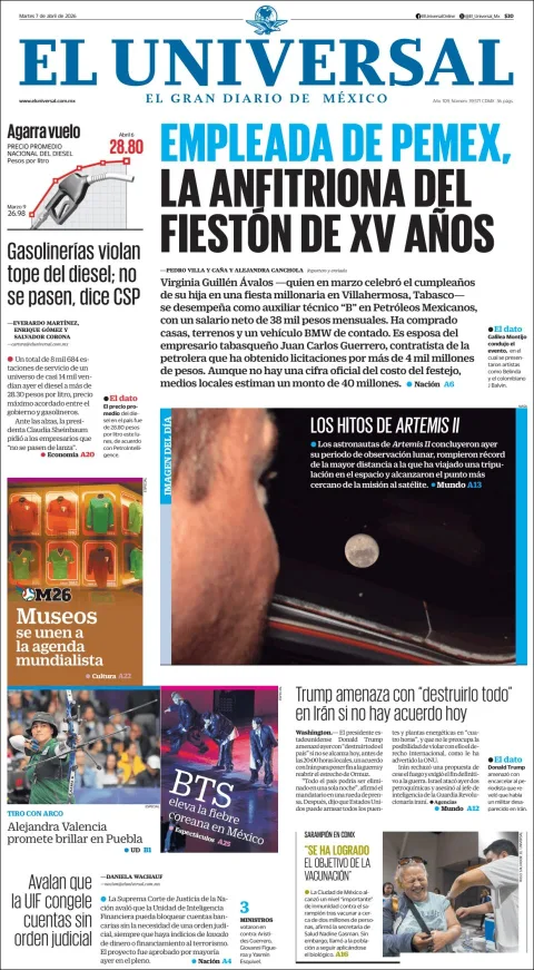 Portada de El Universal del martes, 7 de abril de 2026