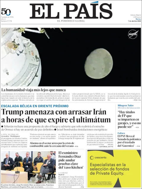 Portada de El Pais del martes, 7 de abril de 2026