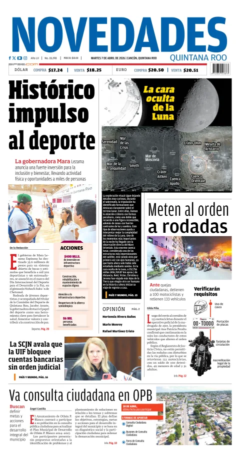 Portada de Novedades Quintana Roo del martes, 7 de abril de 2026