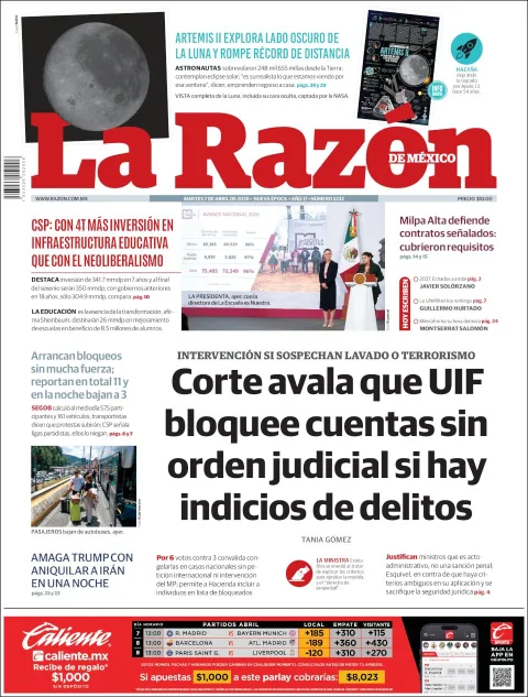 Portada de La Razon del martes, 7 de abril de 2026