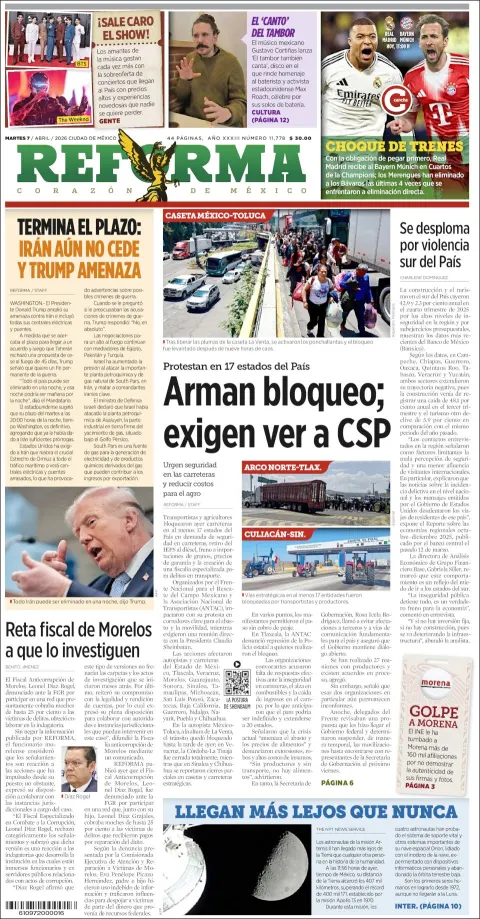 Portada de Reforma del martes, 7 de abril de 2026