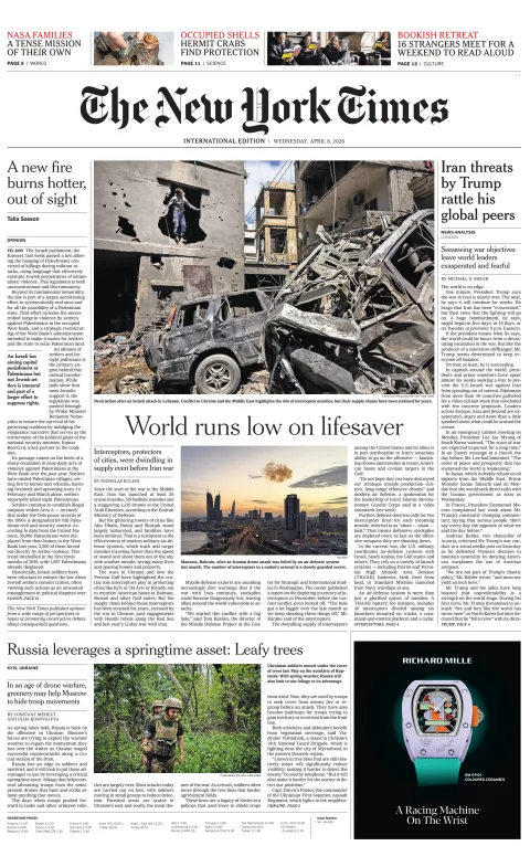 Portada de The New York Times (international) del miércoles, 8 de abril de 2026