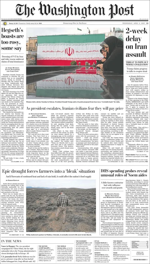 Portada de The Washington Post del miércoles, 8 de abril de 2026