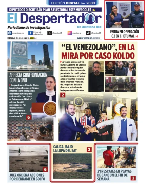 Portada de El Despertador de Quintana Roo del miércoles, 8 de abril de 2026