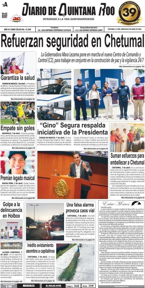 Portada de Diario de Quintana Roo (portada) del miércoles, 8 de abril de 2026