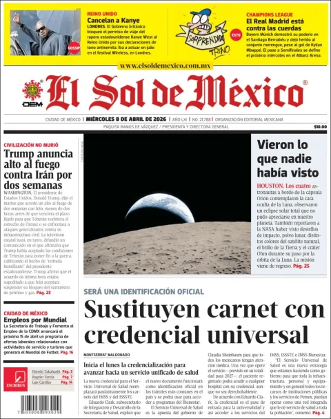 Portada de El Sol de Mexico del miércoles, 8 de abril de 2026