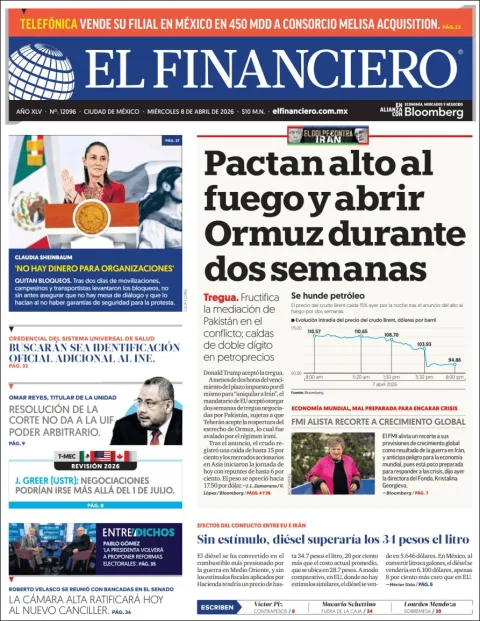Portada de El Financiero del miércoles, 8 de abril de 2026