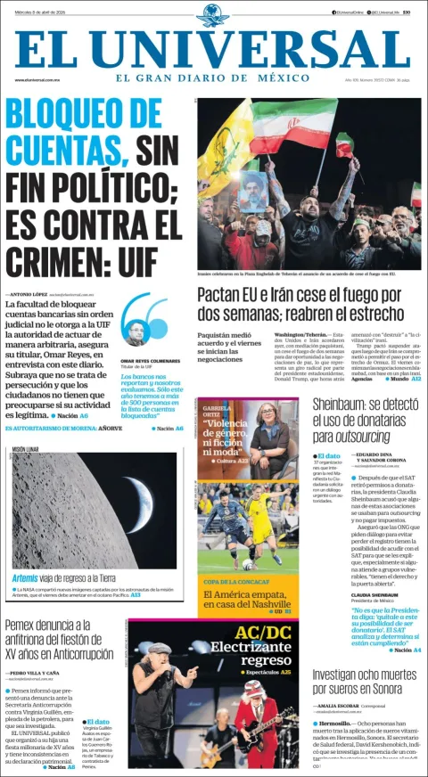 Portada de El Universal del miércoles, 8 de abril de 2026
