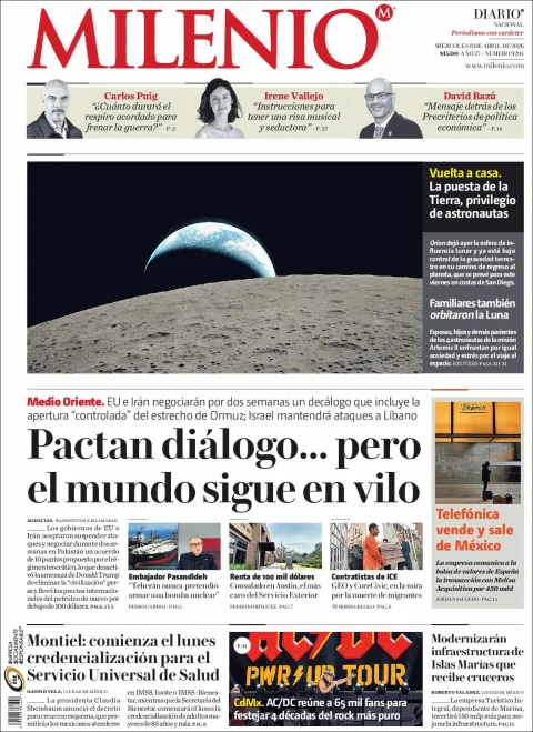 Portada de Milenio del miércoles, 8 de abril de 2026