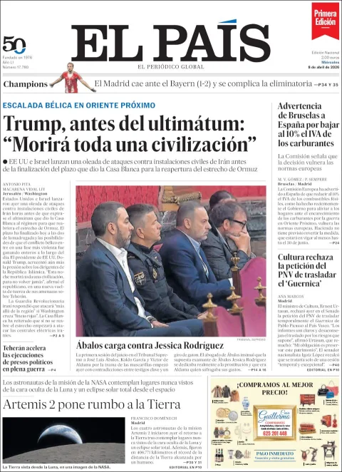 Portada de El Pais del miércoles, 8 de abril de 2026