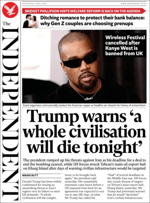 Portada de The Independent del miércoles, 8 de abril de 2026