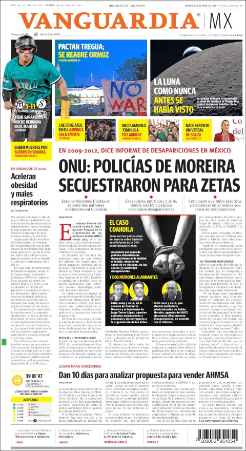 Portada de Vanguardia del miércoles, 8 de abril de 2026