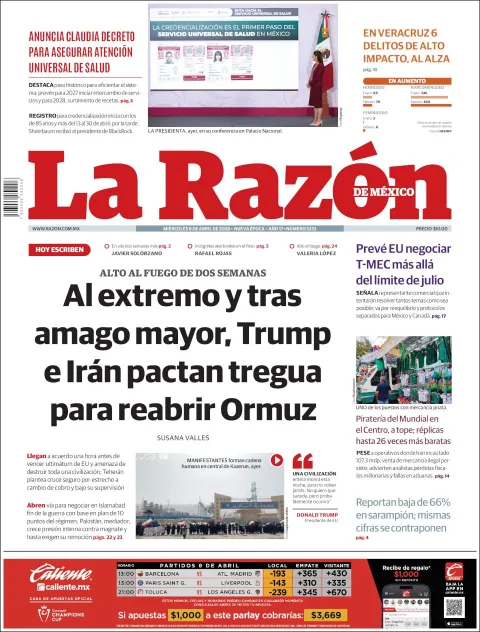 Portada de La Razon del miércoles, 8 de abril de 2026