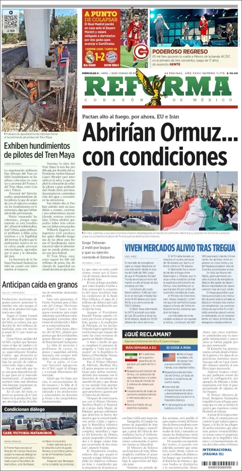 Portada de Reforma del miércoles, 8 de abril de 2026