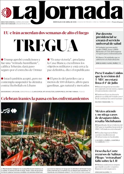 Portada de La Jornada del miércoles, 8 de abril de 2026