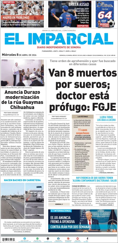 Portada de El Imparcial del miércoles, 8 de abril de 2026