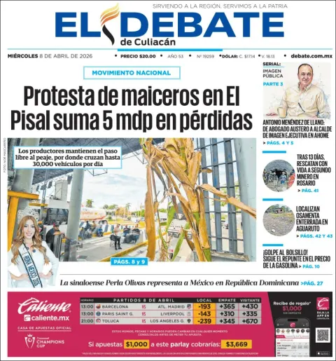 Portada de El Debate de Culiacan del miércoles, 8 de abril de 2026