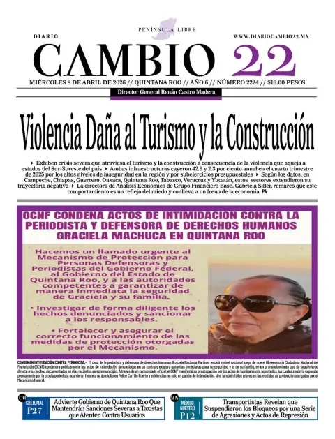 Portada de Diario Cambio 22 (portada) del miércoles, 8 de abril de 2026