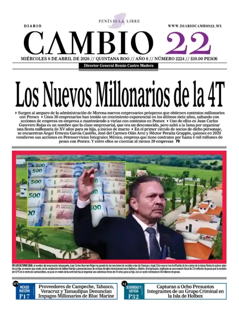 Portada de Diario Cambio 22 (contraportada) del miércoles, 8 de abril de 2026