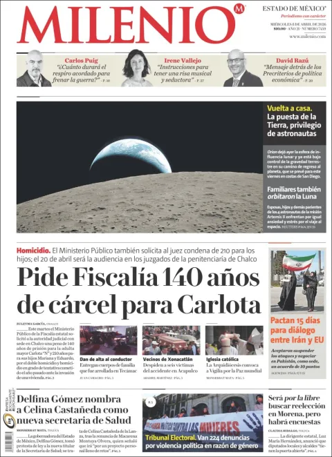 Portada de Milenio Edo de Mexico del miércoles, 8 de abril de 2026