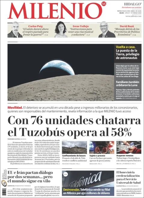 Portada de Milenio Hidalgo del miércoles, 8 de abril de 2026